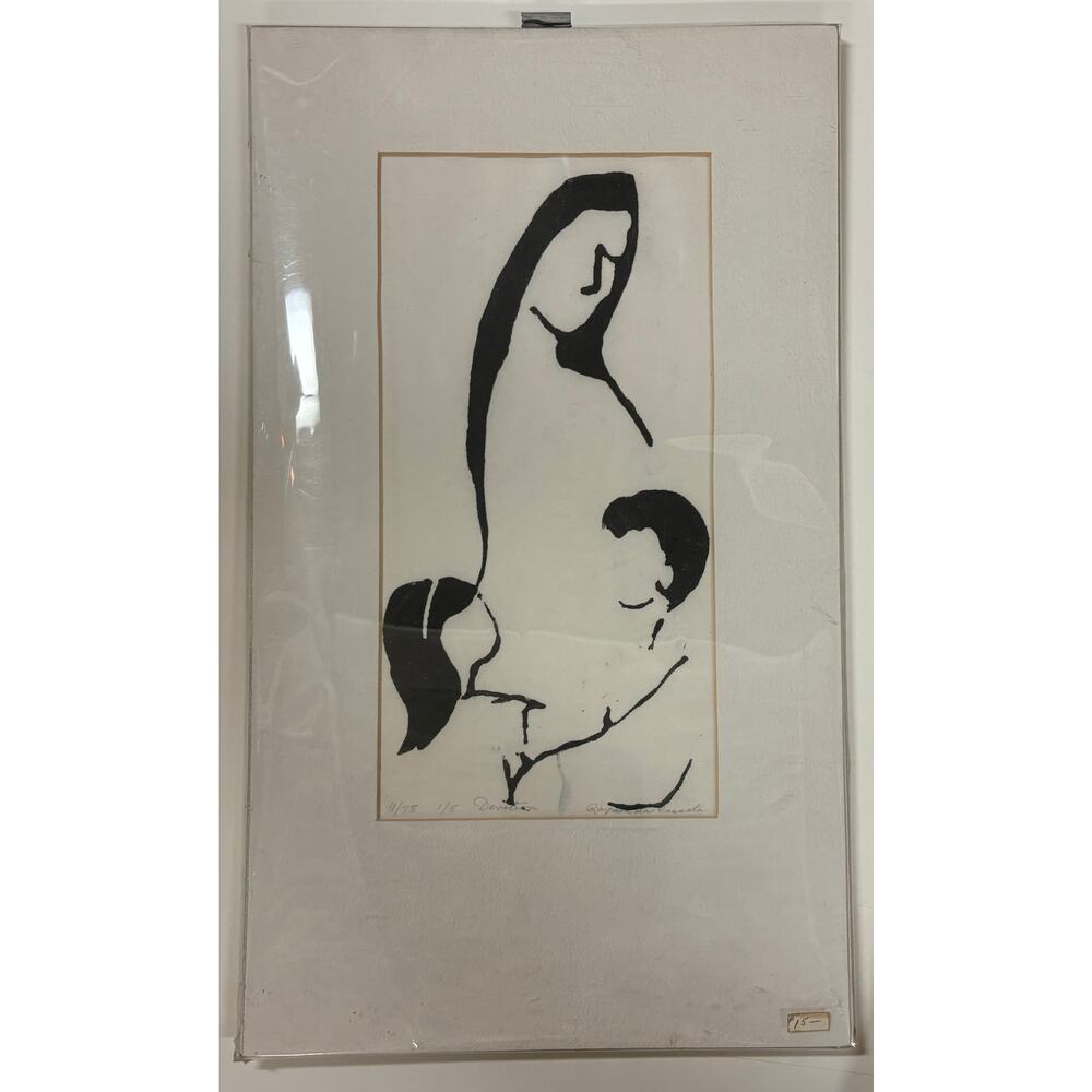 Vintage Mid Century Linoleum Block Print Family Art